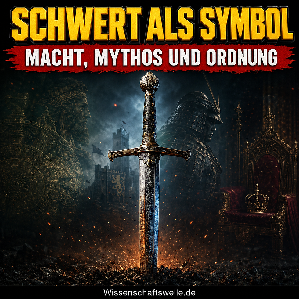 Ein aufrecht im Boden steckendes Schwert vor dunklem Hintergrund, flankiert von Herrscher-, Rüstungs- und Thronmotiven als Sinnbilder für Macht, Mythos und Ordnung.