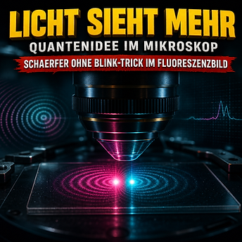 Wissenschaftswelle-Cover: großes Mikroskopobjektiv über zwei fast zusammenfallenden magenta- und cyanfarbenen Lichtpunkten als Symbol für quanteninspirierte Superauflösung in der Fluoreszenzmikroskopie