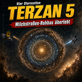Wissenschaftswelle-Cover mit dem Schriftzug Terzan 5 über einem gold-blau geschichteten Sternsystem im Zentrum der Milchstraße, flankiert von stilisierten Webb- und Hubble-Beobachtungen.
