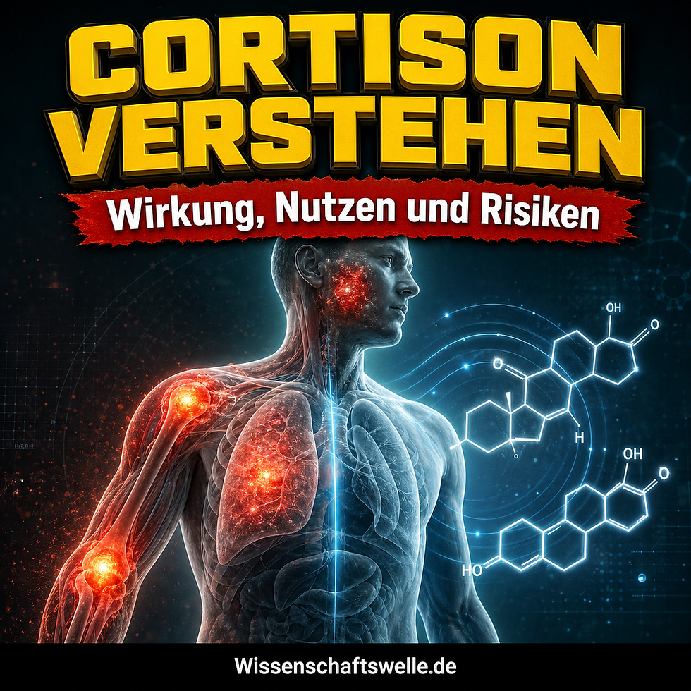 Gelbe 3D-Schlagzeile über einer stilisierten menschlichen Silhouette, in deren Körper entzündete rote Zonen und steroidähnliche Molekülformen leuchten; rotes Banner und schwarzer Footer mit Wissenschaftswelle.de.