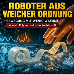 Wissenschaftswelle-Cover mit einem bandförmigen weichen Roboter aus transparentem Polymer, der sich auf einer eisigen Oberfläche vor einer warmen Hand selbst aufrollt.