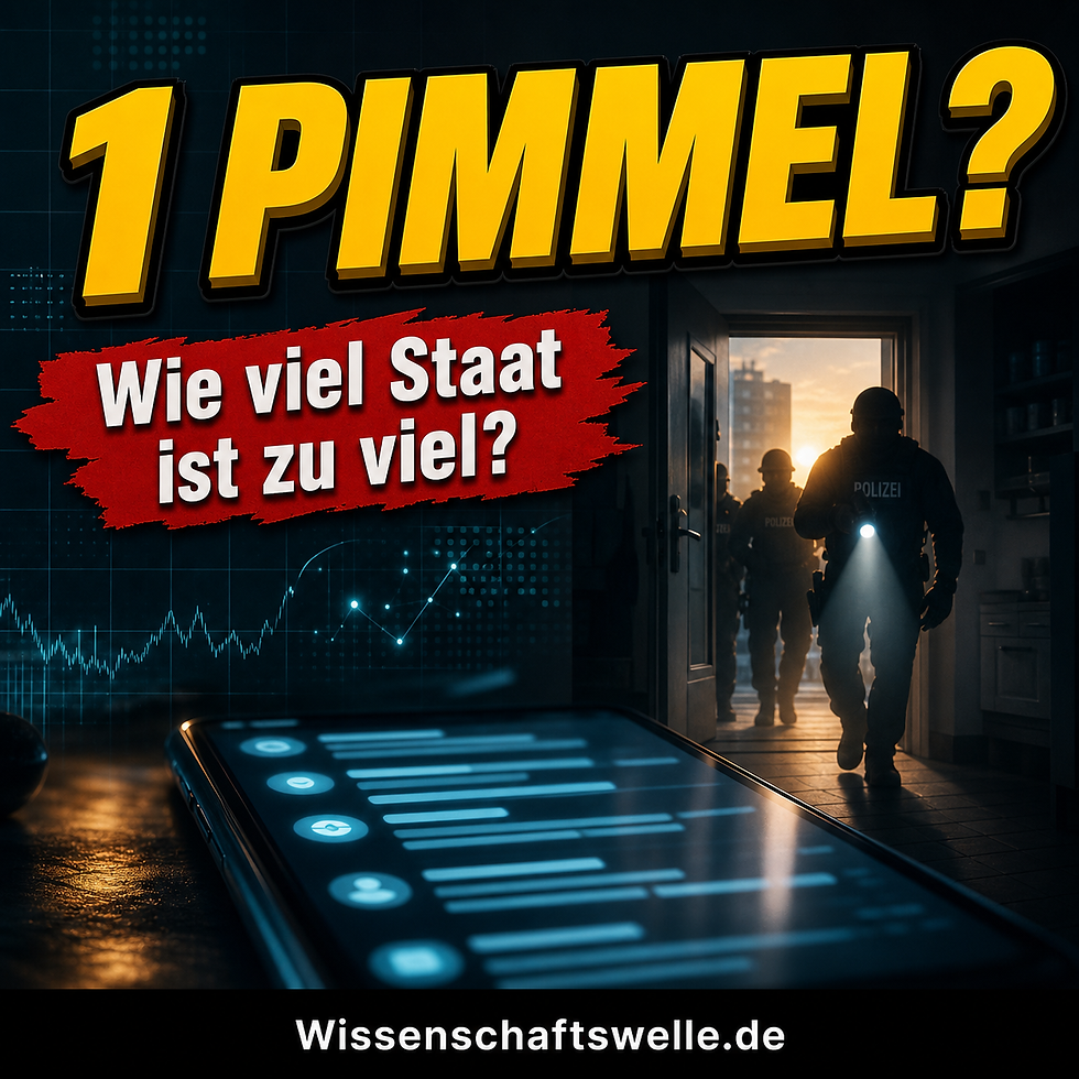 Quadratisches Cover mit einem hell erleuchteten Smartphone vor einer dunklen Wohnungstür, davor die Silhouette von Polizeibeamten und Suchscheinwerferlicht, darüber die gelbe Headline „1 PIMMEL?“ und im roten Banner die Zeile „Wie viel Staat ist zu viel?“.