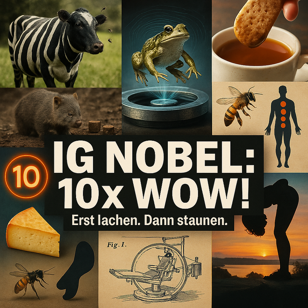 Quadratische Collage mit humorvollen Motiven zu den Ig-Nobelpreisen: eine „Zebra-Kuh“ mit Fliegen, ein schwebender Frosch über einer Apparatur, Keks über Teetasse, Wombat samt würfelförmigem Kot, Bienen und ein Körperschema mit Punkten. Zentral prangt die große Überschrift „IG NOBEL: 10× WOW! Erst lachen. Dann staunen.“ Die Bildsprache verbindet Naturaufnahmen, Zeichnungen und Retro-Skizzen zu einem spielerischen Wissenschaftsmix.