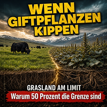 Wissenschaftswelle-Cover: Ein Hochland-Grasland kippt an einer sichtbaren Grenze von Weidegrün zu dominierenden Giftpflanzen, darunter ein freigelegtes Wurzelnetz.