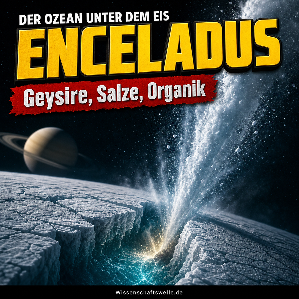 Dramatischer Eisriss auf Enceladus, aus dem eine helle Fontäne ins All schießt; im Hintergrund ist Saturn zu sehen.
