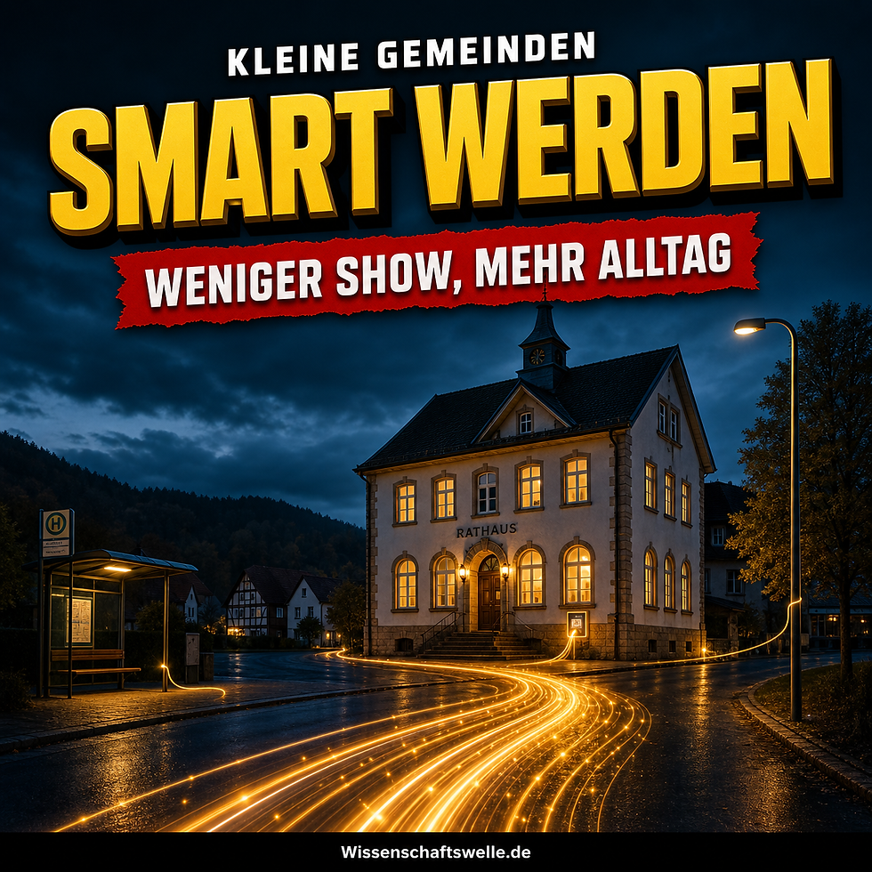 Beleuchtetes Rathaus einer kleinen Gemeinde bei Nacht, verbunden mit leuchtenden Datenlinien zu Bushaltestelle und Straßenlaterne als Symbol für alltagstaugliche kommunale Digitalisierung.
