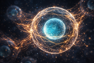 Ein fotorealistisches 16:9-Bild, das eine abstrahierte mikroskopische Ansicht einer menschlichen Zelle zeigt, die sich gerade im Prozess der Regeneration befindet. Im Zentrum leuchtet der Zellkern in einem sanften, pulsierenden Cyan-Licht, während goldene, fadenartige Strukturen (Symbol für Proteine) wie ein schützendes Netz um die Zelle gewebt werden. Der Hintergrund ist tiefdunkelblau und erinnert an einen Nachthimmel, was den Bezug zur nächtlichen Ausschüttung unterstreicht. Die Ästhetik ist hochwertig, wissenschaftlich-künstlerisch und verzichtet komplett auf Schrift oder künstliche Diagrammelemente. Das Bild vermittelt ein Gefühl von Erneuerung und biologischer Präzision.