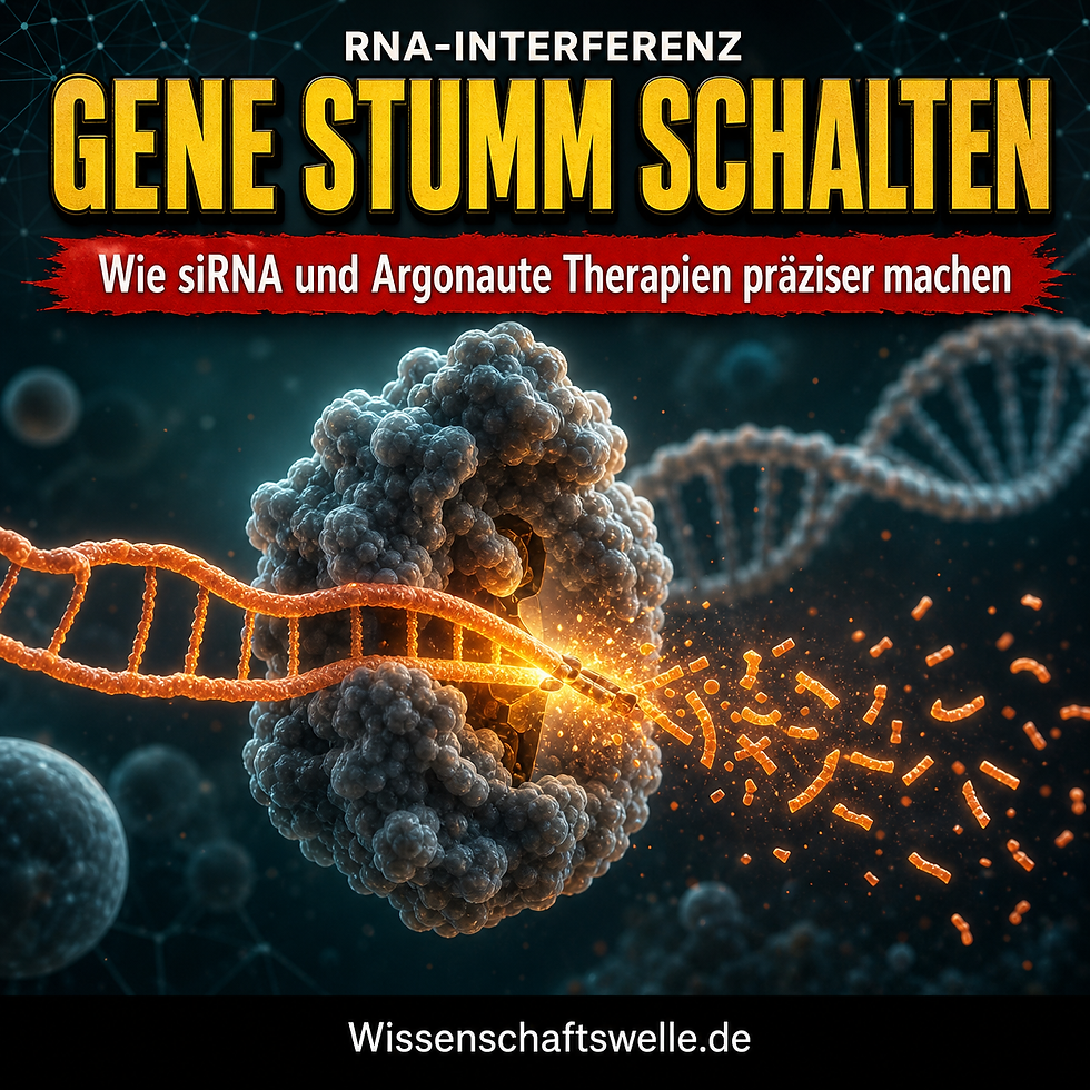 Ein leuchtender RNA-Strang wird von einem massiven molekularen Komplex präzise zerschnitten; das Cover visualisiert RNA-Interferenz als gezielte Abschaltung genetischer Botschaften.