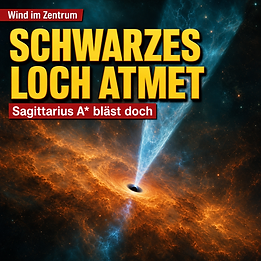 Wissenschaftswelle-Cover mit dem galaktischen Zentrum der Milchstraße, einer dunklen Zentralregion um Sagittarius A* und einem kegelförmigen heißen Ausstrom, der kaltes Gas aufreißt.