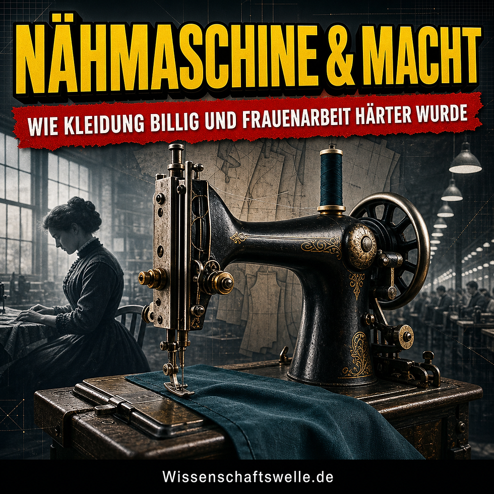 Historische schwarze Nähmaschine vor einer Fabrikszene mit Näherin; darüber die Schlagzeile zur Industrialisierung der Kleidung und Frauenarbeit.