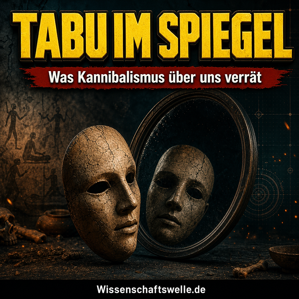 Hyperrealistisches Magazincover mit einer gespaltenen steinernen Gesichtsmaske, rituellen Schattenfiguren und einer düsteren Spiegelung, die das Tabu des Kannibalismus als Frage nach Menschlichkeit inszeniert.