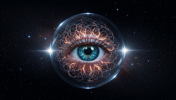 Eine glühende, komplexe neuronale Netzwerkstruktur in einer Glaskugel, die ein menschliches Auge reflektiert, vor einem kosmischen Hintergrund.