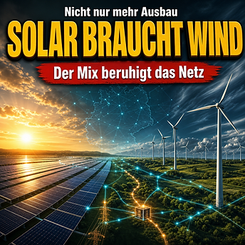 Wissenschaftswelle-Cover mit einem großen Solarpark und einem Windpark, die über leuchtende Netzlinien zu einem gemeinsamen Energiesystem verbunden sind.