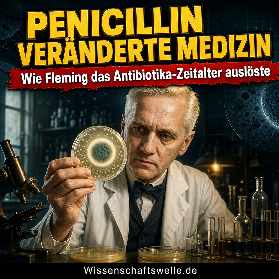 Quadratisches Cover mit Alexander Fleming in einem historischen Labor, der eine Petrischale mit Penicillium-Schimmel und klarem Hemmhof betrachtet; darüber die gelbe Überschrift „Penicillin veränderte Medizin“ und das rote Banner „Wie Fleming das Antibiotika-Zeitalter auslöste“.