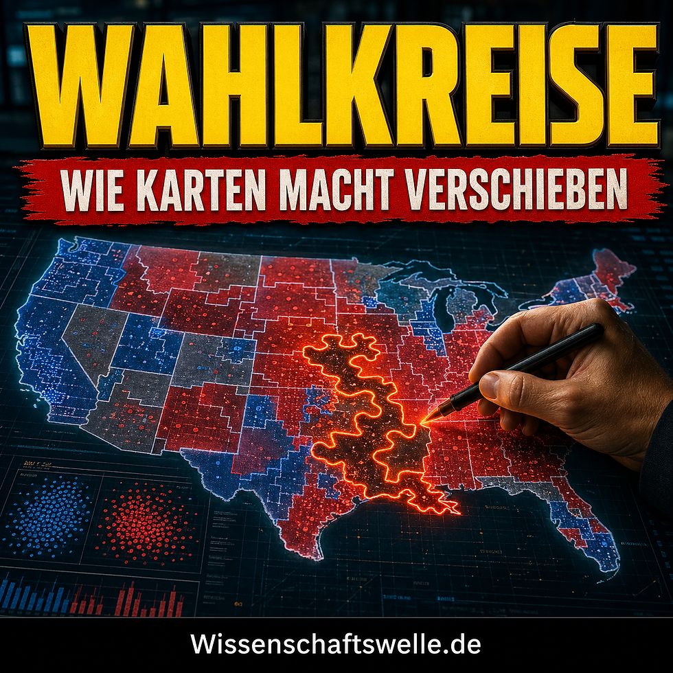 Eine Hand zeichnet auf einer farbcodierten USA-Wahlkarte einen stark verzerrten Wahlkreis ein, darüber die Schlagzeile zu Wahlkreisen und Machtverschiebung.