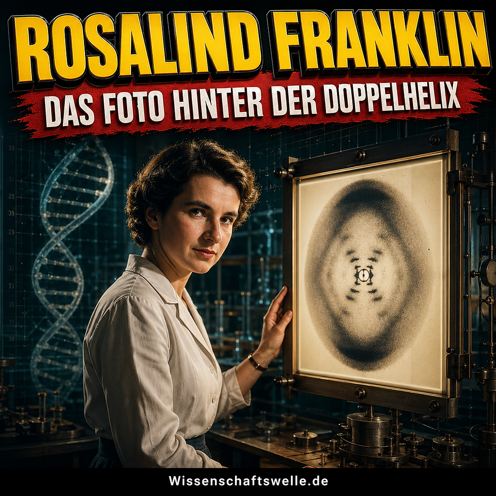 Rosalind Franklin in einem 1950er-Jahre-Labor neben einer Röntgenaufnahme der DNA-Beugung, mit angedeuteter Doppelhelix im Hintergrund.