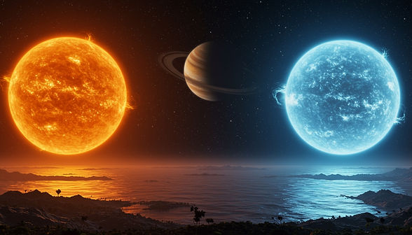 Fantastische Landschaft eines erdähnlichen Exoplaneten mit zwei Sonnen und flüssigem Wasser.