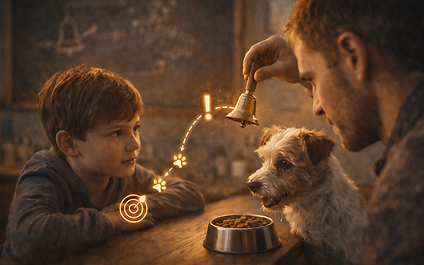 Ein Junge sitzt an einem Holztisch und beobachtet aufmerksam einen kleinen Hund vor einem Futternapf, während ein Erwachsener eine kleine Glocke über dem Tier hält. Warmes, weiches Licht erzeugt eine ruhige Atmosphäre. Dezente grafische Symbole über der Szene verweisen auf den Zusammenhang zwischen Reiz und Reaktion und verdeutlichen den Lernprozess.
