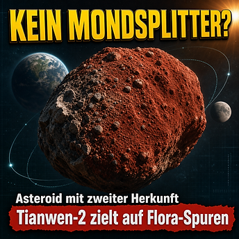 Wissenschaftswelle-Cover mit dem stark geröteten Asteroiden Kamoʻoalewa vor Erde und Mond sowie eingeblendeten Orbitalbögen.