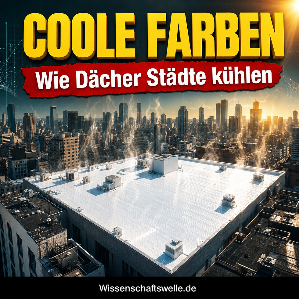Ein weiß beschichtetes Stadtdach in glühender Sommerhitze, aus dem sichtbare Hitzeschleier nach oben entweichen, vor einer dicht bebauten Skyline.
