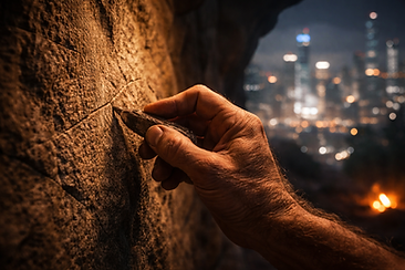 Ein fotorealistisches Bild im 16:9-Format, das den Kontrast und die Verbindung zwischen Natur und Kultur einfängt. Im Vordergrund sieht man eine detailreiche, menschliche Hand, die mit einem archaischen Steinwerkzeug eine feine Linie in eine raue Felswand ritzt. Das Licht der Szene ist warm und kommt von einem unsichtbaren Feuer. Während die Felswand im unmittelbaren Fokus steht, verschwimmt der Hintergrund in einer sanften Unschärfe, in der die Lichter einer modernen, nächtlichen Metropole wie ein glitzerndes Netzwerk aus Glas und Stahl zu erkennen sind. Das Bild zeigt keine Schrift oder Symbole, sondern symbolisiert durch die Texturen von Stein, Haut und Licht den zeitlosen Fluss menschlicher Innovation von der Steinzeit bis in die digitale Moderne.