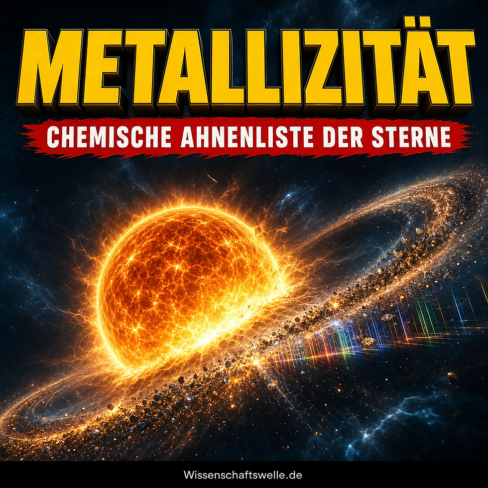 Ein glühender Stern schleudert leuchtenden Staub und Spektrallinien in einen Ring aus schwerem Material; darüber steht der Titel Metallizität.
