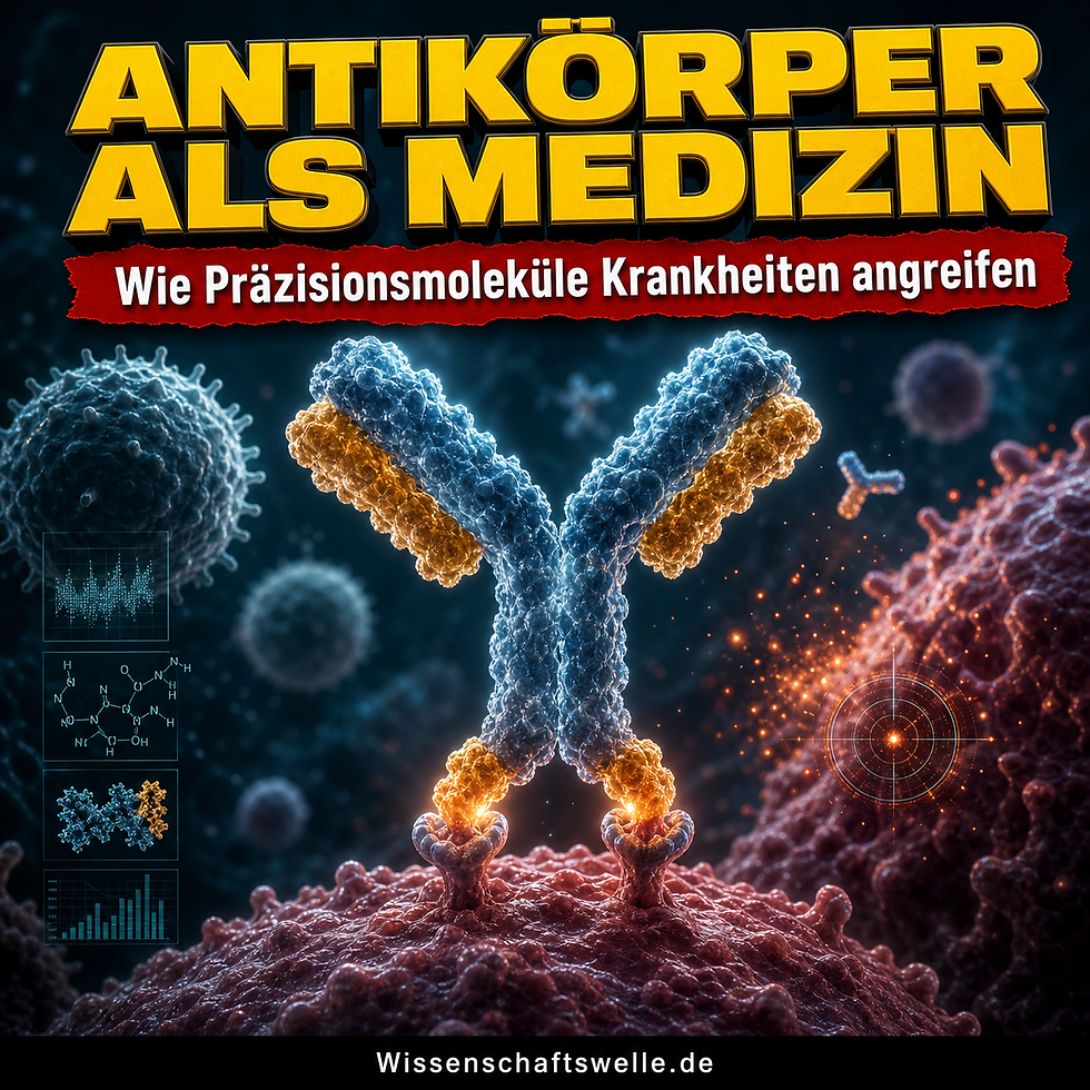 Quadratisches Wissenschaftswelle-Cover mit großer gelber Überschrift „Antikörper als Medizin“, rotem Banner „Wie Präzisionsmoleküle Krankheiten angreifen“ und einem leuchtenden Y-förmigen Antikörper, der an Rezeptoren auf einer Tumorzelle bindet.