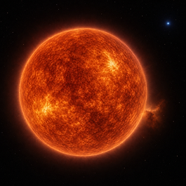 Antares als riesige orange rote Sternscheibe mit fleckiger Oberfläche, feinem atmosphärischem Saum und zartem Staubklumpen vor schwarzem Weltraum; weit daneben nur ein winziger bläulicher Begleiter.