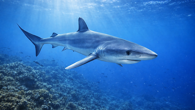 Fotorealistisches Unterwasserbild eines Blauhais mit schlankem, stromlinienförmigem Körper und gleichmäßig blaugrauer Färbung. Der Hai ist aus seitlicher Perspektive zu sehen und schwimmt ruhig durch klares, tiefblaues Meerwasser. Die langen, schmalen Brustflossen sind weit ausgestreckt, die Rückenflosse ragt deutlich nach oben. Von der Wasseroberfläche fallen helle Sonnenstrahlen herab, während im Hintergrund ein unscharfes Korallenriff und offene Wasserschichten für Tiefe und eine natürliche Hochseeatmosphäre sorgen.