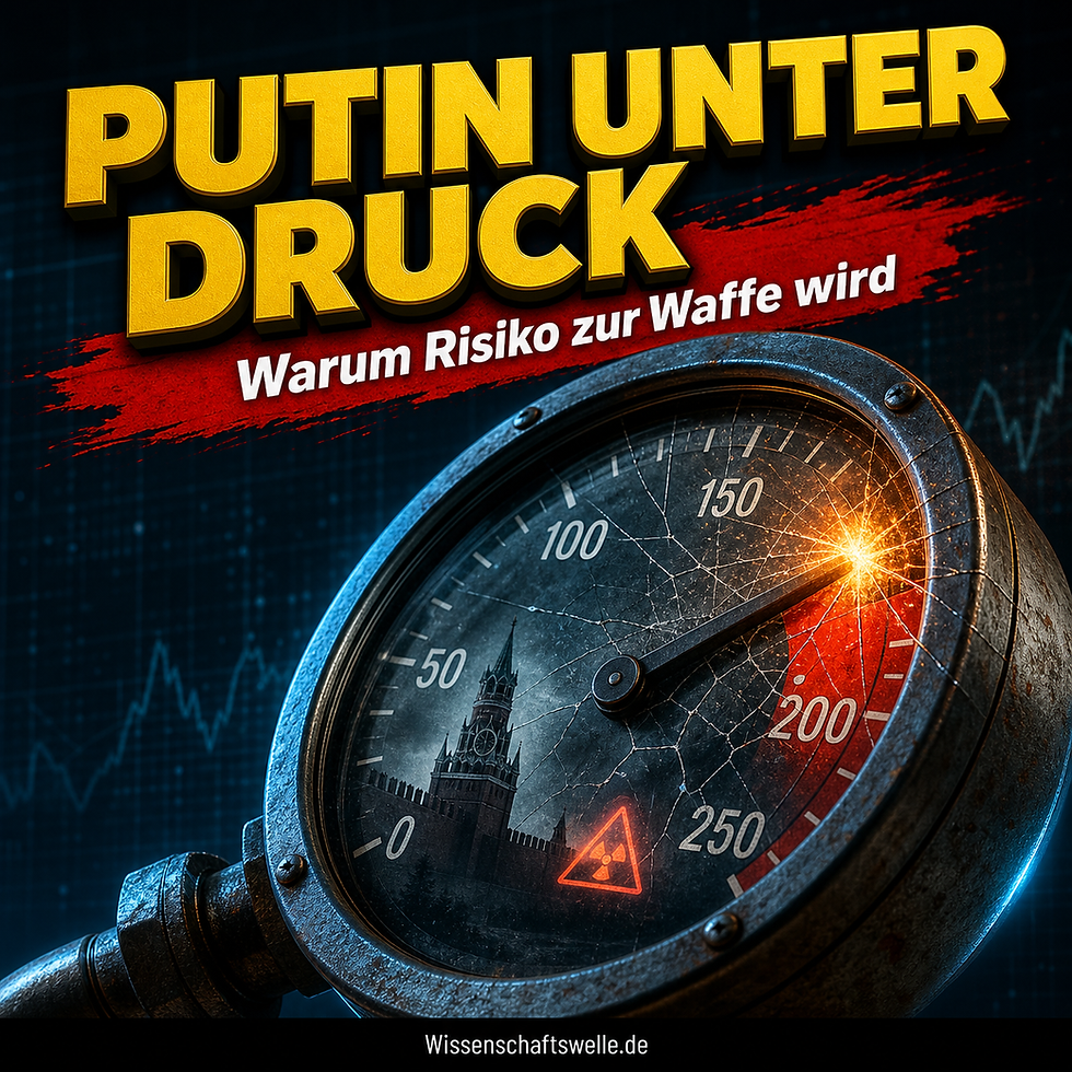 Dramatisches Wissenschaftswelle-Cover mit zerbrechendem Druckmesser, rotem Gefahrenbereich und der Headline Putin unter Druck.