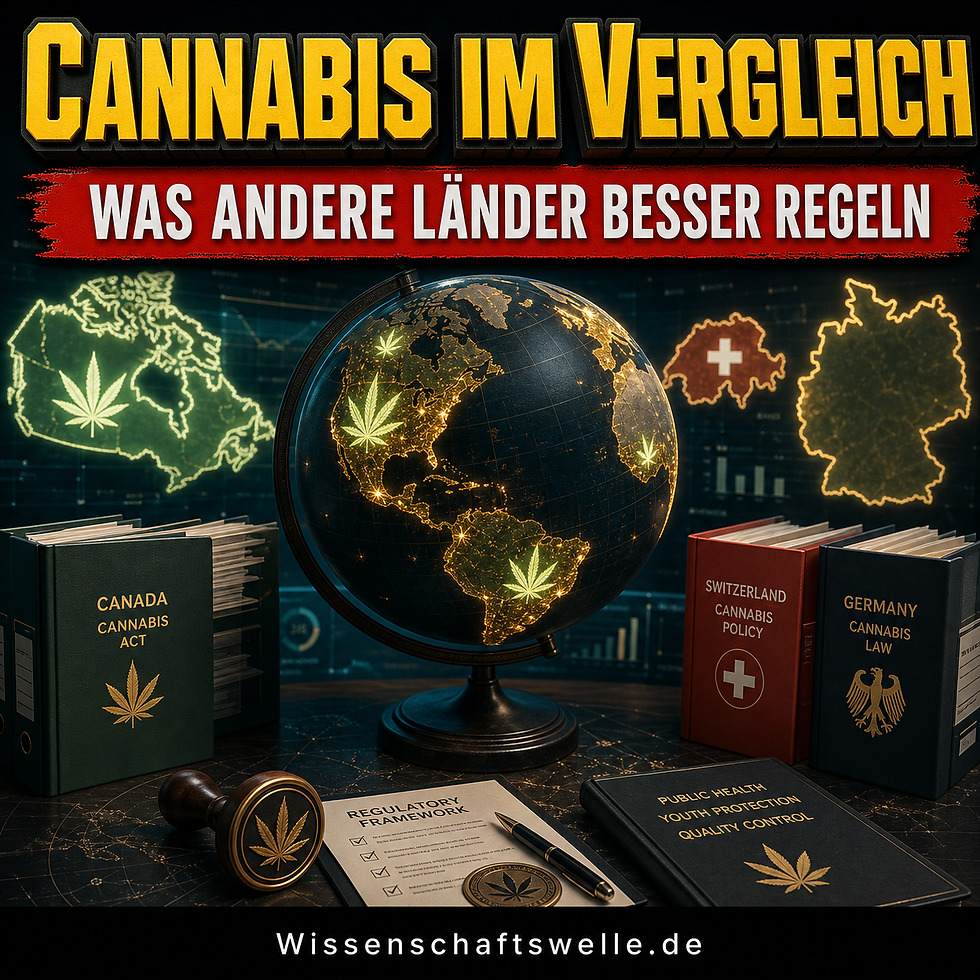 Ein beleuchteter Globus zwischen Kanada, der Schweiz und Deutschland mit Cannabis-Symbolen und regulatorischen Aktenordnern als Sinnbild für internationale Cannabispolitik.