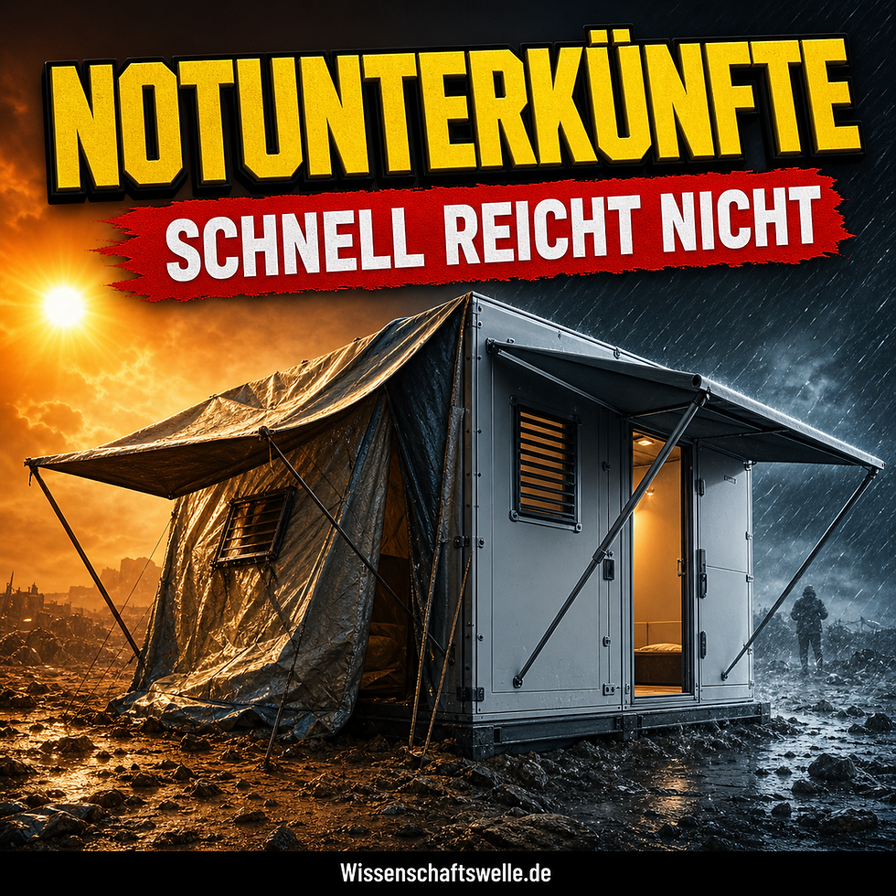 Quadratisches Cover mit einer provisorischen Notunterkunft, die von einer Zeltstruktur in ein modulares Schutzgebäude übergeht, links in greller Hitze und rechts im Regen, dazu die Überschrift „NOTUNTERKÜNFTE“ und der rote Banner „SCHNELL REICHT NICHT“.