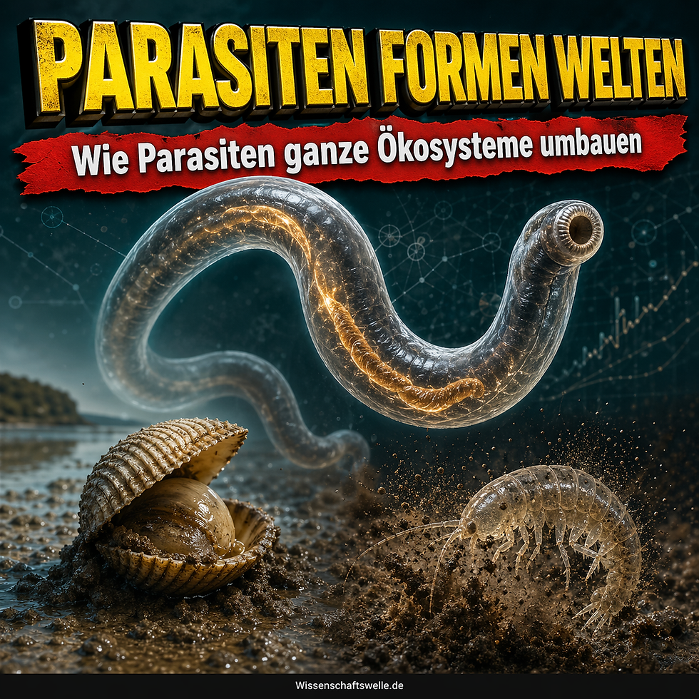 Ein transparent wirkender parasitischer Wurm schwebt über einer Muschel und einem kleinen Krebs im aufgewühlten Sediment und visualisiert Parasiten als verborgene Architekten von Ökosystemen.