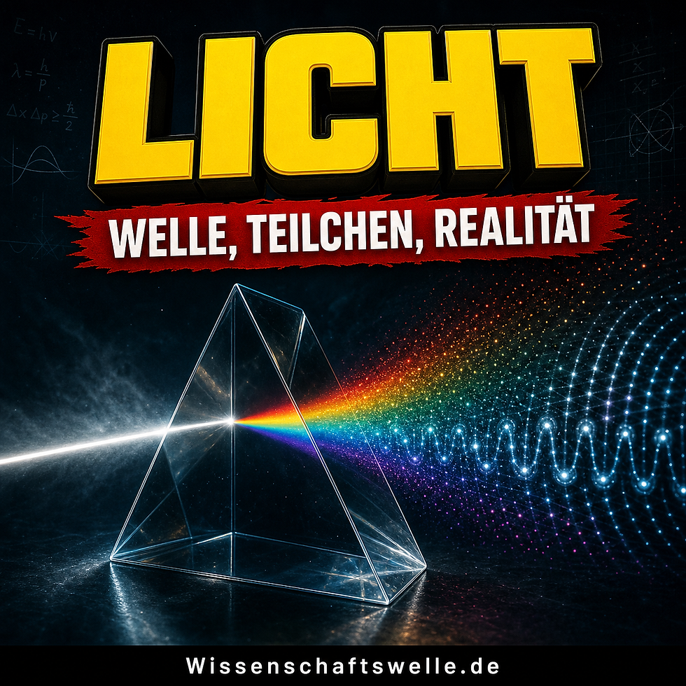Ein dramatisch ausgeleuchtetes Prisma und eine leuchtende Lichtspur zwischen Wellenmuster und Photonenpartikeln als Symbol für die widersprüchliche Natur des Lichts.