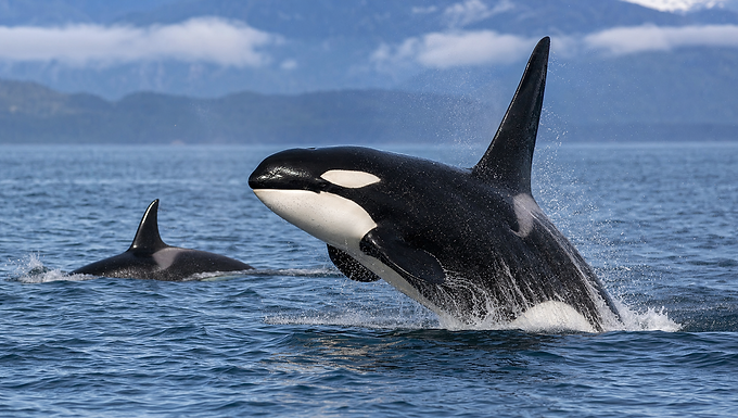 Große Orca mit hoher Rückenflosse durchbricht in kaltem Küstenlicht die Wasseroberfläche, hinter ihr eine zweite schwarzweiße Flosse und dunkles Meer