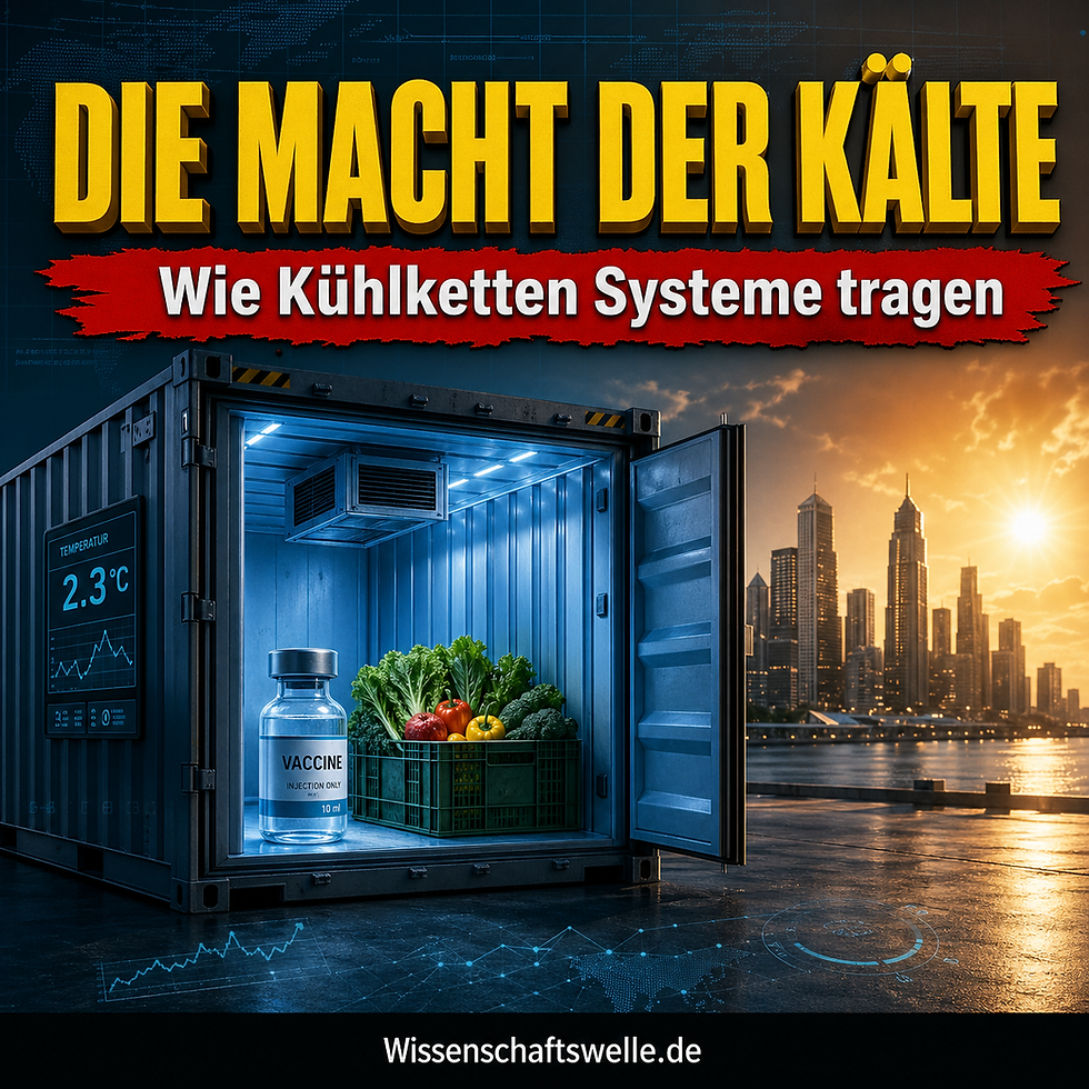 Offener Kühlcontainer mit Impfstoff und Gemüsekiste vor heißer Großstadtsilhouette als Symbol für Kühlketten in Medizin, Ernährung und Stadtleben.