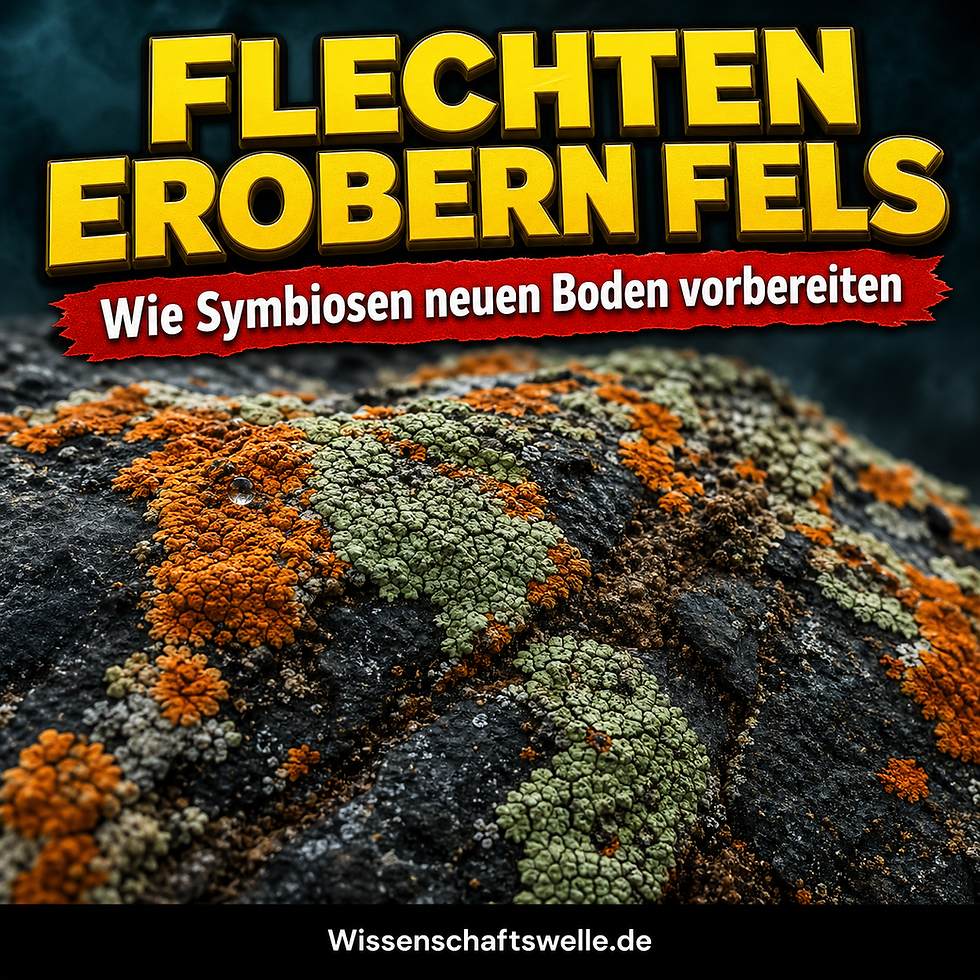 Makroaufnahme orangefarbener und hellgrüner Flechten auf dunklem, rissigem Fels, gestaltet als Wissenschaftswelle-Cover zum Thema Bodenbildung durch Symbiose.