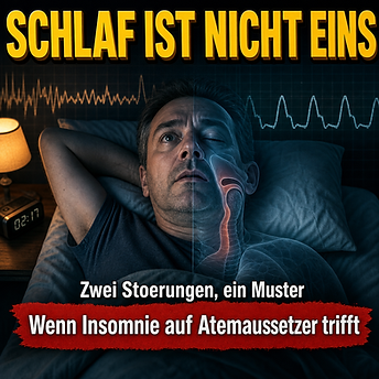 Wissenschaftswelle-Cover mit einem schlaflosen Mann im Bett, geteilt in nächtliche Unruhe und transparent dargestellte Atemwege als Symbol für COMISA.