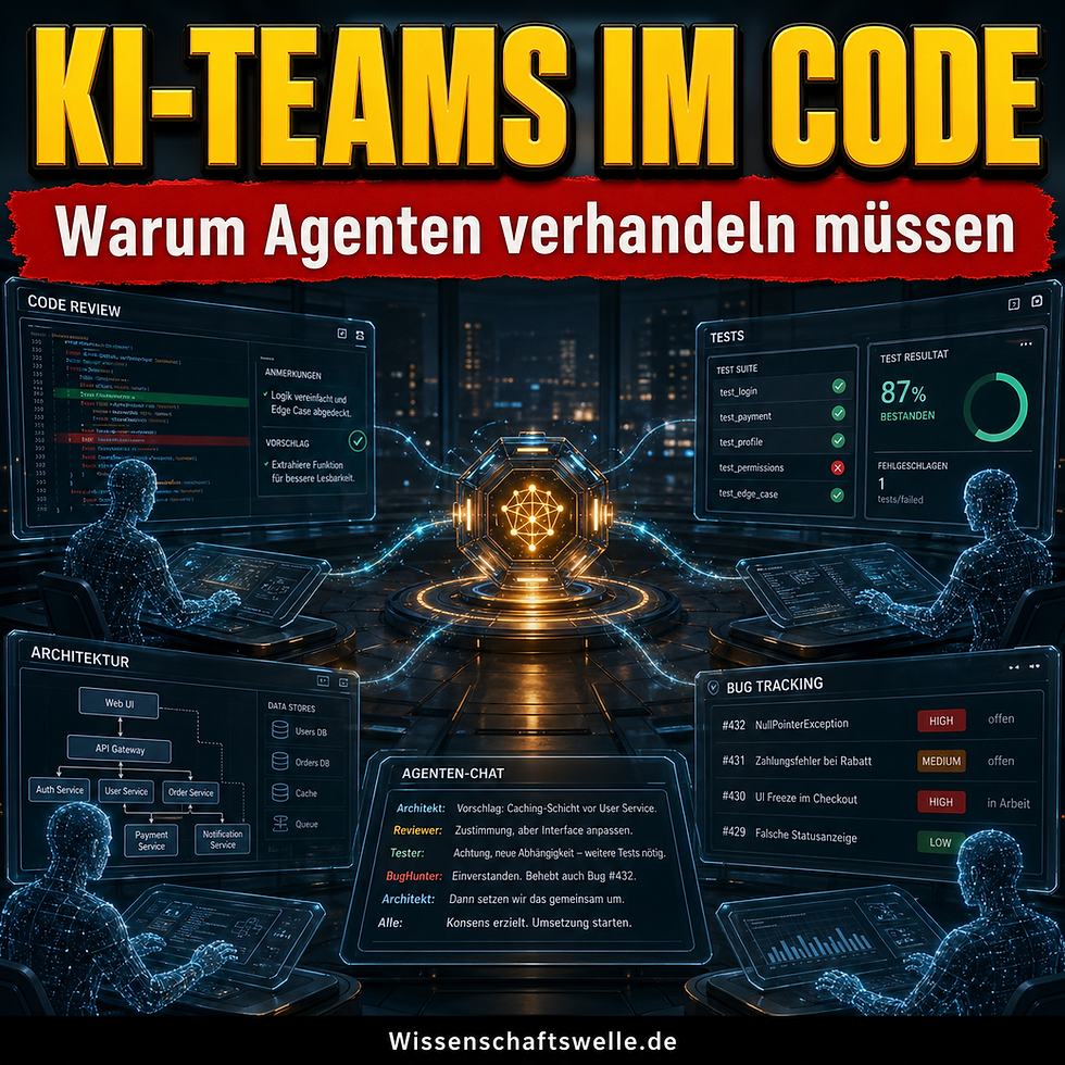 Futuristische Leitstelle mit einem zentralen leuchtenden KI-Kern, mehreren spezialisierten digitalen Arbeitsplätzen für Code-Review, Tests, Architektur und Bug-Tracking sowie der Überschrift „KI-Teams im Code“.