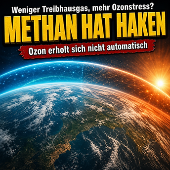 Wissenschaftswelle-Cover mit der Erde unter einer blau leuchtenden Ozonschicht, die auf einer Seite von heißem Sonnenlicht bedrängt wird, als Bild für den Zielkonflikt zwischen Methanminderung und Ozonerholung.