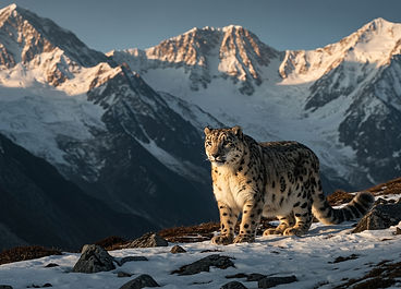 Ein Schneeleopard steht auf schneebedecktem, felsigem Untergrund in einer Berglandschaft und blickt nach links. Sein helles, geflecktes Fell wird auf der rechten Seite von warmem Sonnenlicht beleuchtet. Im Hintergrund erheben sich hohe, schneebedeckte Berggipfel, deren oberer Teil ebenfalls von goldenem Licht getroffen wird, während die Täler im Schatten liegen. Der Himmel darüber ist klar und blau.