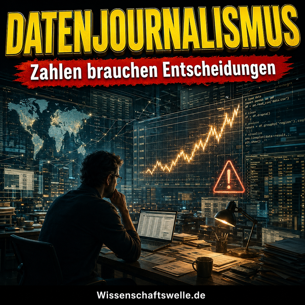 Quadratisches Cover mit leuchtenden Datenströmen, einem zentralen Journalismus-Desk aus Charts und Zahlen sowie der Überschrift „Datenjournalismus“ und dem Banner „Zahlen brauchen Entscheidungen“.
