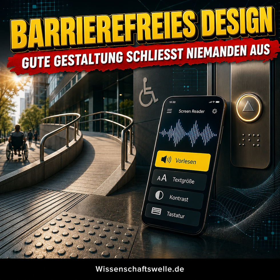 Quadratisches Cover mit gelber 3D-Headline zu barrierefreiem Design, rotem Banner und einer kontrastreichen Szene aus Rampe, Smartphone-Oberfläche und taktilen Leitelementen als Symbol für zugängliche Gestaltung.