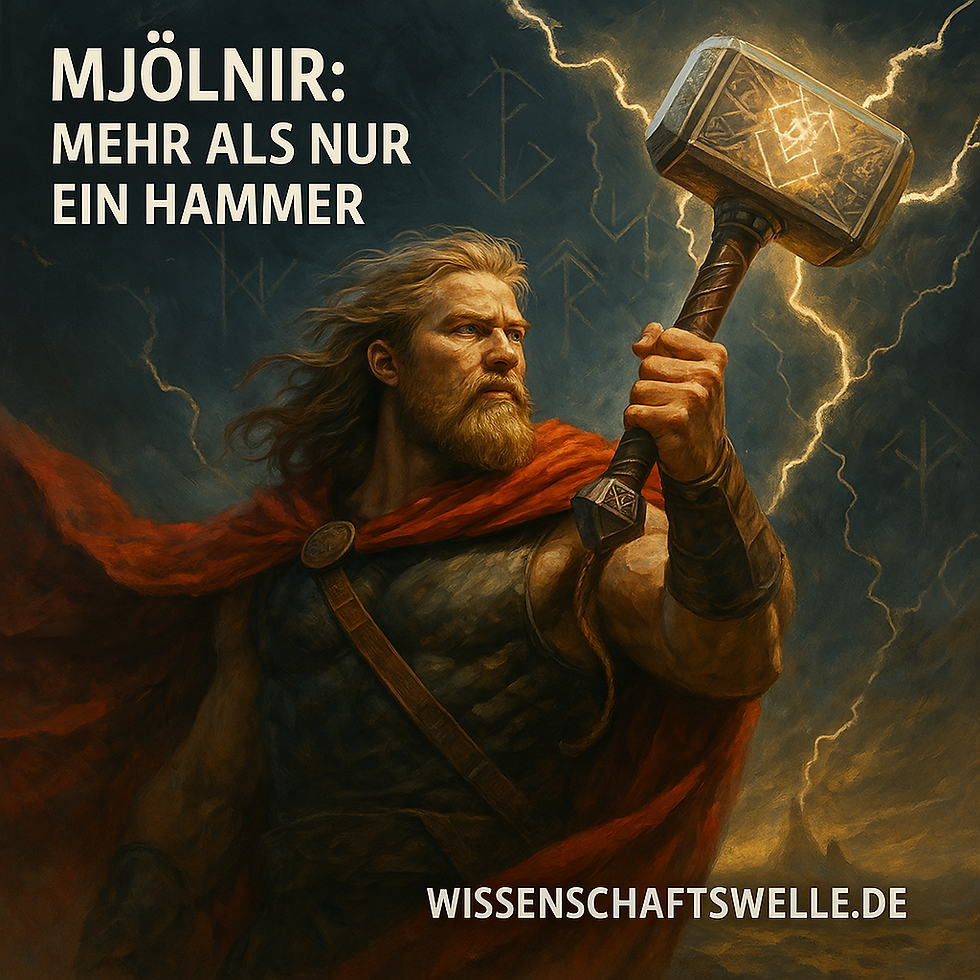 Ein muskulöser, blonder Mann mit Bart (Thor) in Rüstung und wehendem roten Umhang reckt entschlossen einen wuchtigen, leuchtenden Hammer (Mjölnir) empor. Der Hintergrund zeigt einen dramatischen, dunklen Himmel mit hellen Blitzeinschlägen und schwach sichtbaren Runensymbolen. Das Bild wirkt episch und kraftvoll.