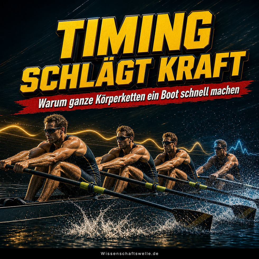 Vier Ruderer in einem Rennboot im Moment des explosiven Catchs, darüber die große gelbe Schlagzeile „Timing schlägt Kraft“ und ein rotes Banner zur Synchronisation ganzer Körperketten.