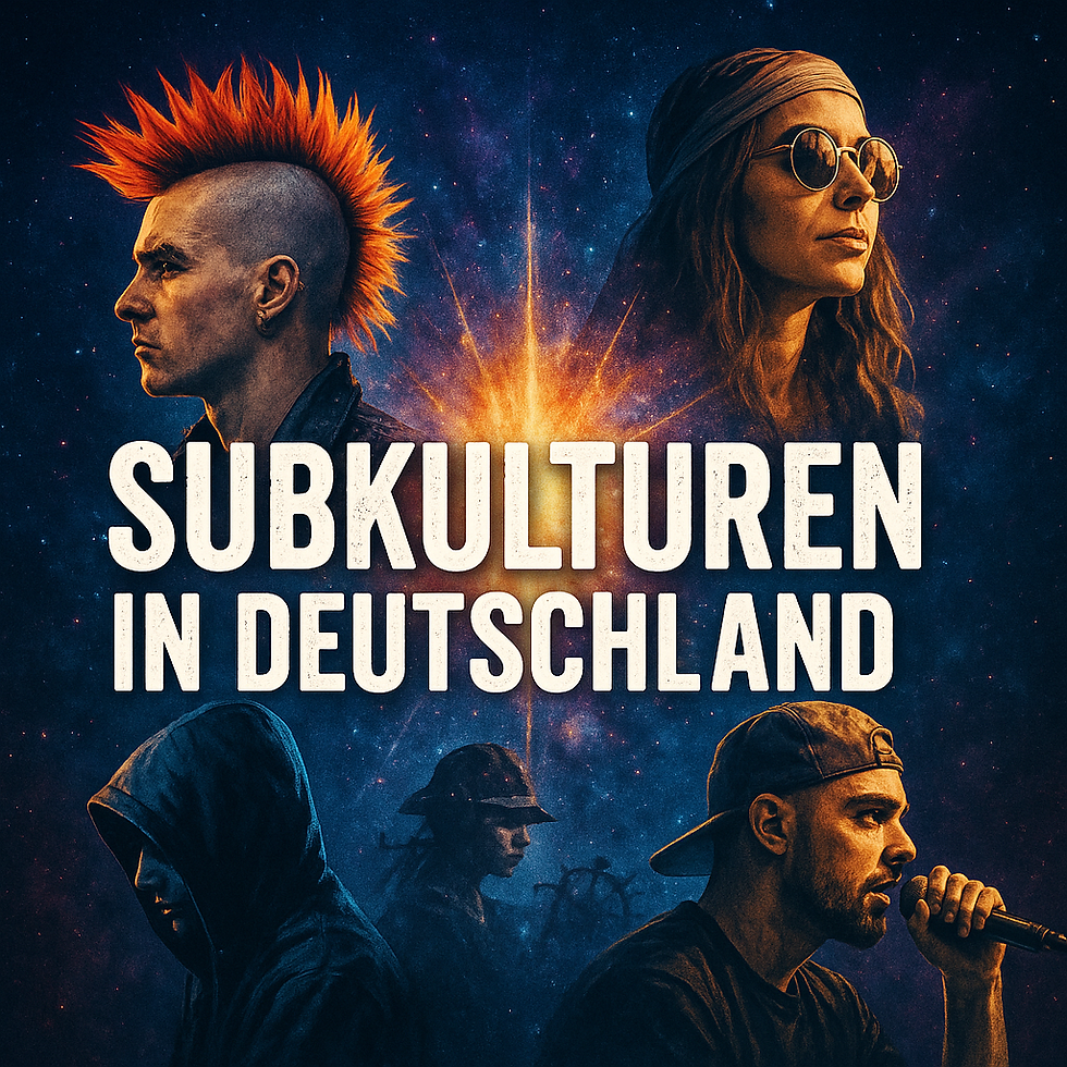 Quadratisches Titelbild mit collageartiger Darstellung: Links ein Punk mit leuchtend oranger Irokesenfrisur, rechts oben eine Person mit Rundbrille und Tuch. Unten ein Rapper mit Mikrofon, daneben schemenhafte Figuren im Hoodie und in Arbeitsmontur. In der Mitte große Schrift „Subkulturen in Deutschland“ vor einem kosmisch anmutenden, dunkelblauen Hintergrund.