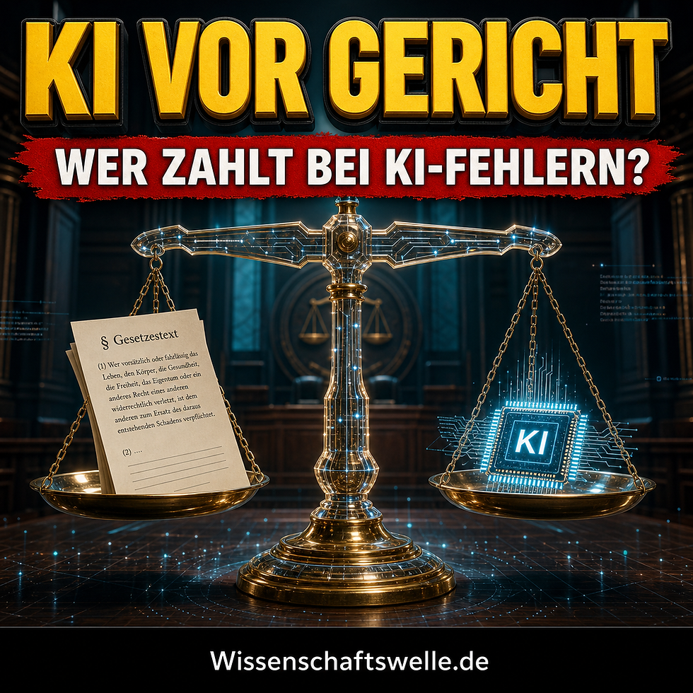 Quadratisches Cover mit einer goldenen Gerichtswaage vor digitalem Gerichtssaal, gelber Überschrift „KI VOR GERICHT“ und rotem Banner „WER ZAHLT BEI KI-FEHLERN?“ im Wissenschaftswelle-Stil.