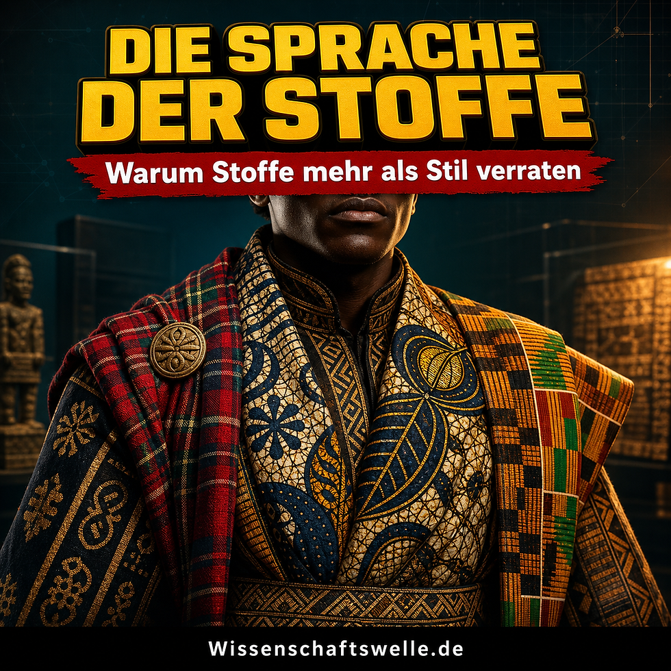 Quadratisches Cover mit einer zentralen Person in einem zusammengesetzten Gewand aus tartan-, batik-, kente- und adinkra-inspirierten Mustern, darüber die gelbe Überschrift „Die Sprache der Stoffe“ und der rote Banner „Warum Stoffe mehr als Stil verraten“.
