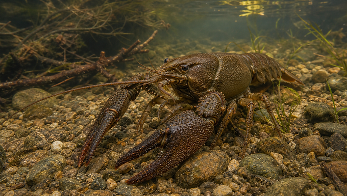 Ein dunkelbrauner Flusskrebs mit breiten Scheren läuft über einen kiesigen Bachgrund zwischen Wurzeln und Wasserpflanzen in klarem Süßwasser.