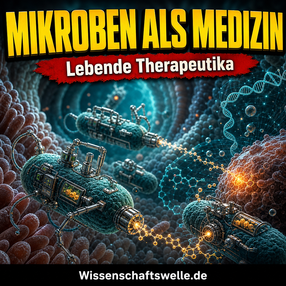 Quadratisches Cover mit einem leuchtenden Darm- und Zelllabyrinth, in dem stilisierte Bakterien wie präzise Mikromaschinen durch eine medizinische Hochtechnologie-Umgebung gleiten; darüber die gelbe Headline zur Präzisionsmedizin und darunter ein roter Banner zu lebenden Therapeutika.